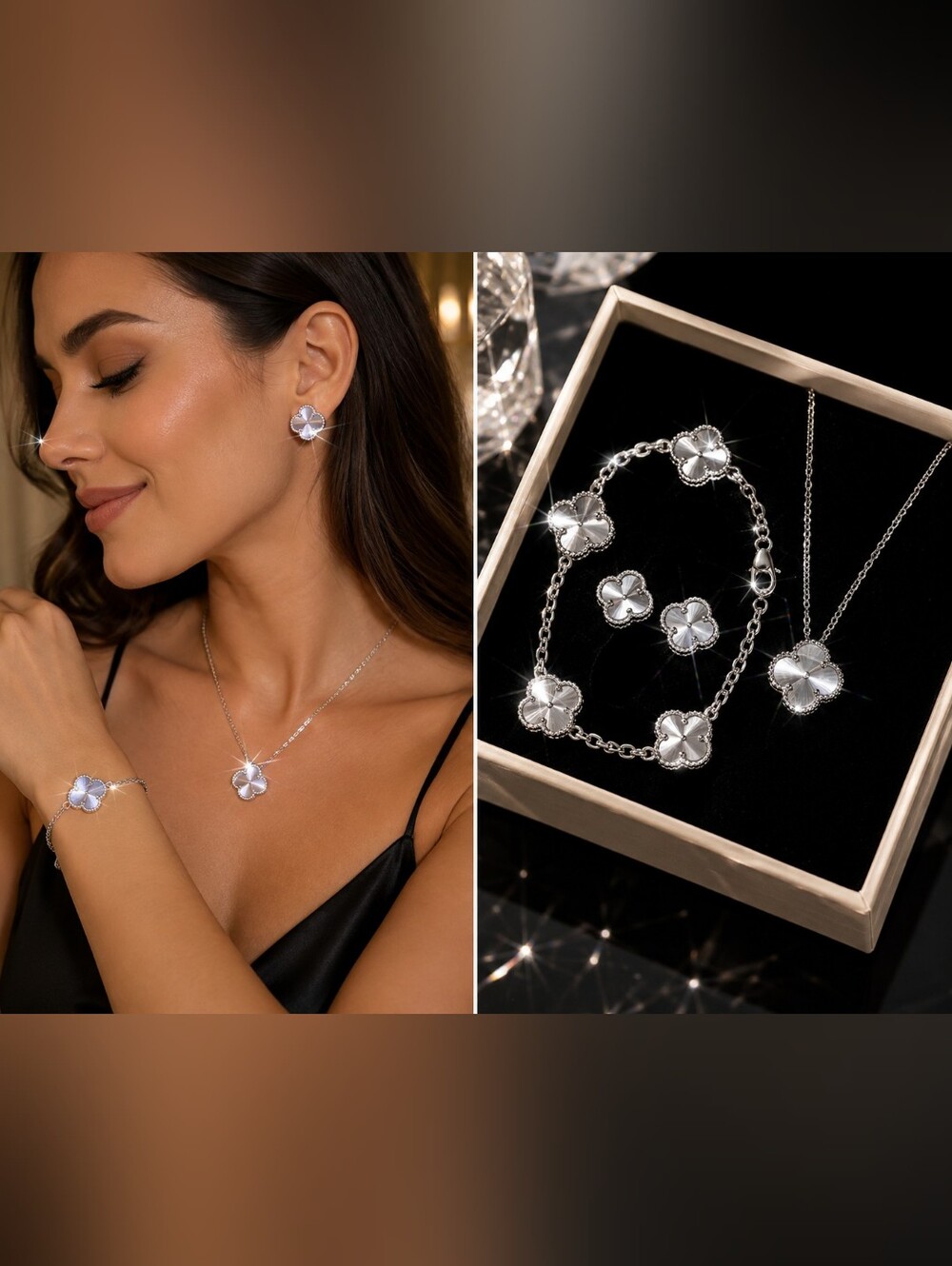 Jewelry 1 Set. 3pc Clover Laser Silver Color. Stainless Steel. Hypoallergenic